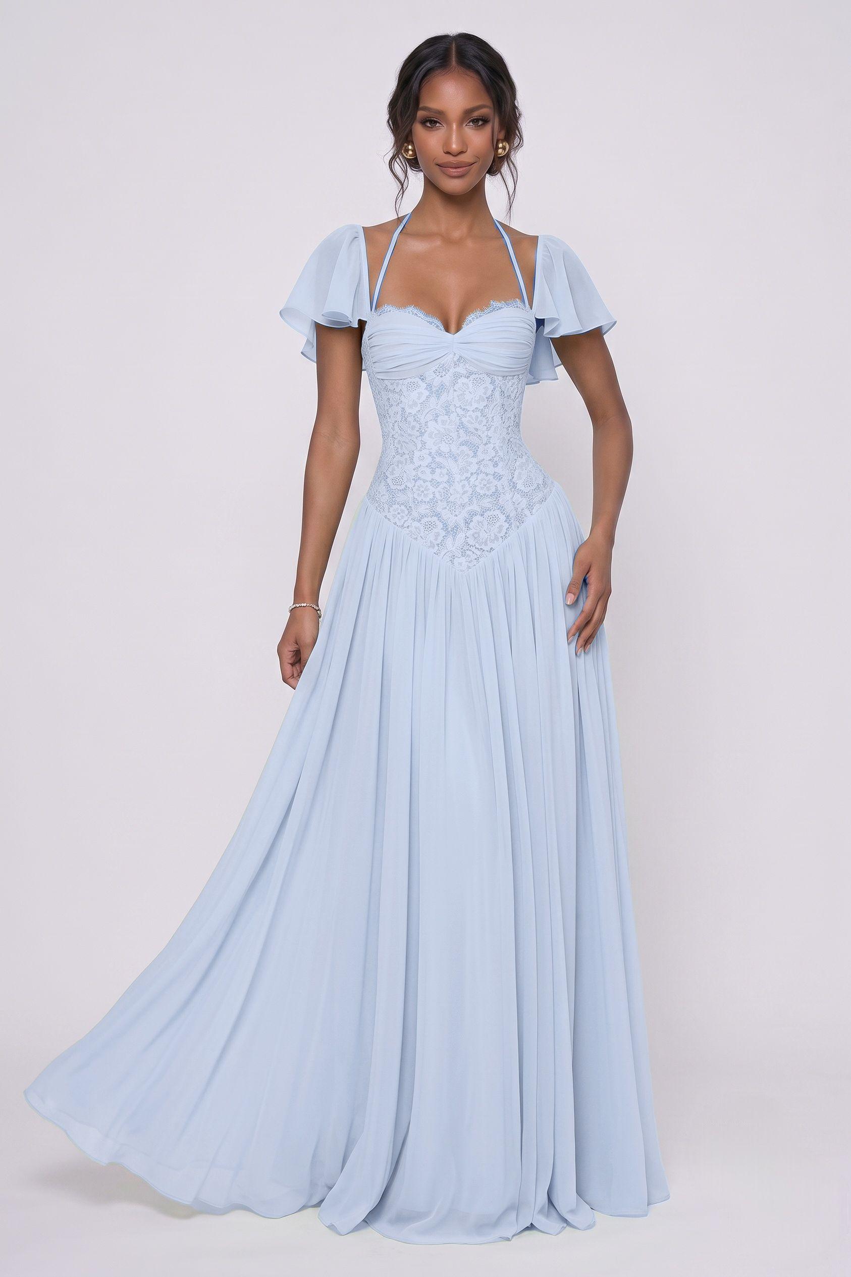 A-Line Floor-length Chiffon Lace Bridesmaid Dress CG0347BM - Light Blue - COCOMELODY